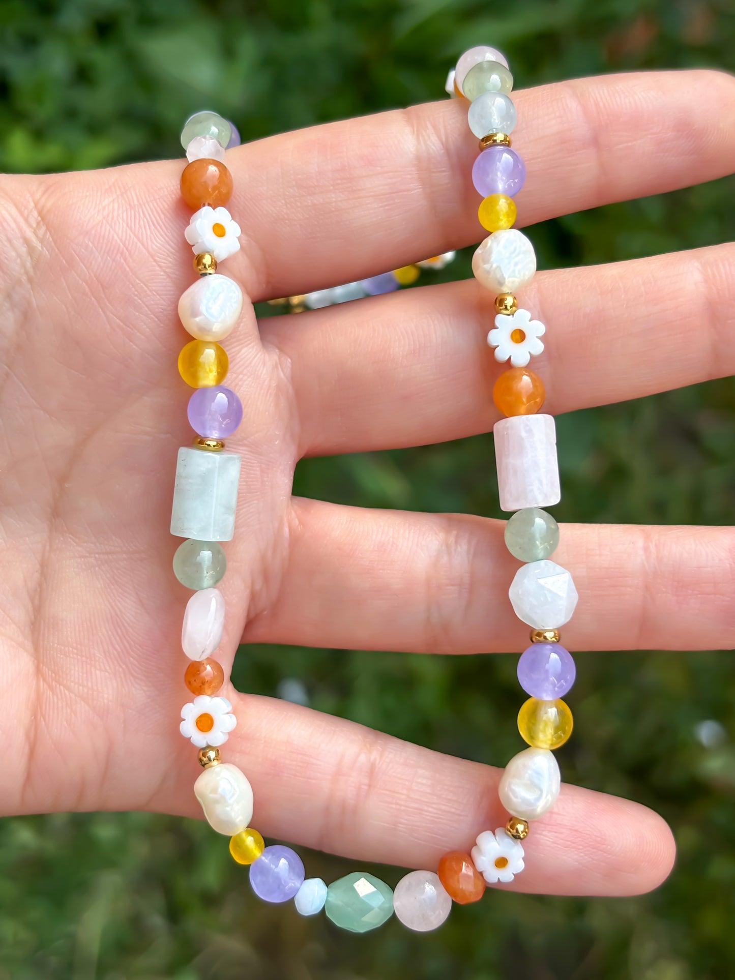 Rainbow Daisy - Stone and Pearl Necklace
