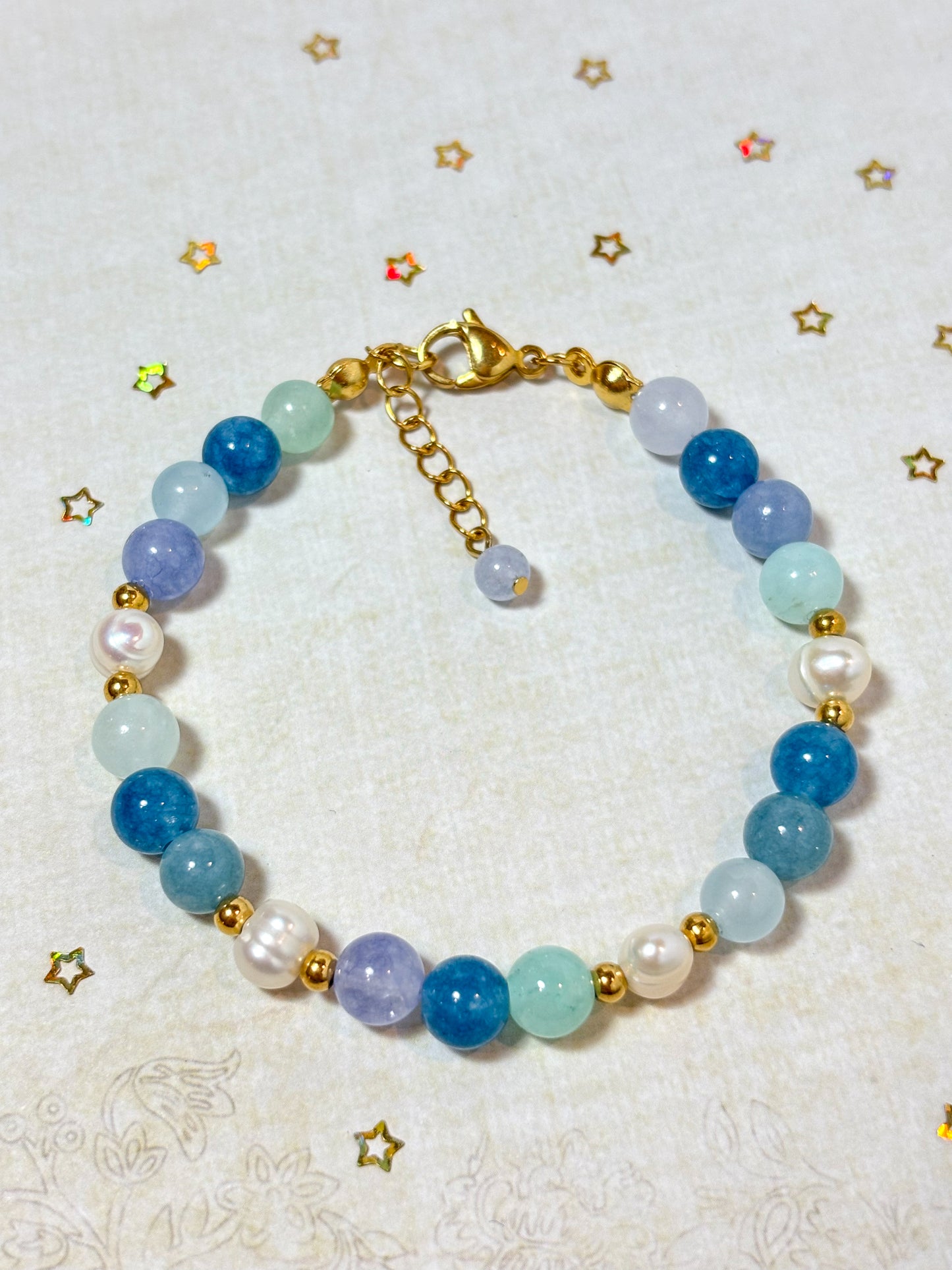 Round Stone Beads and Pearl Bracelet