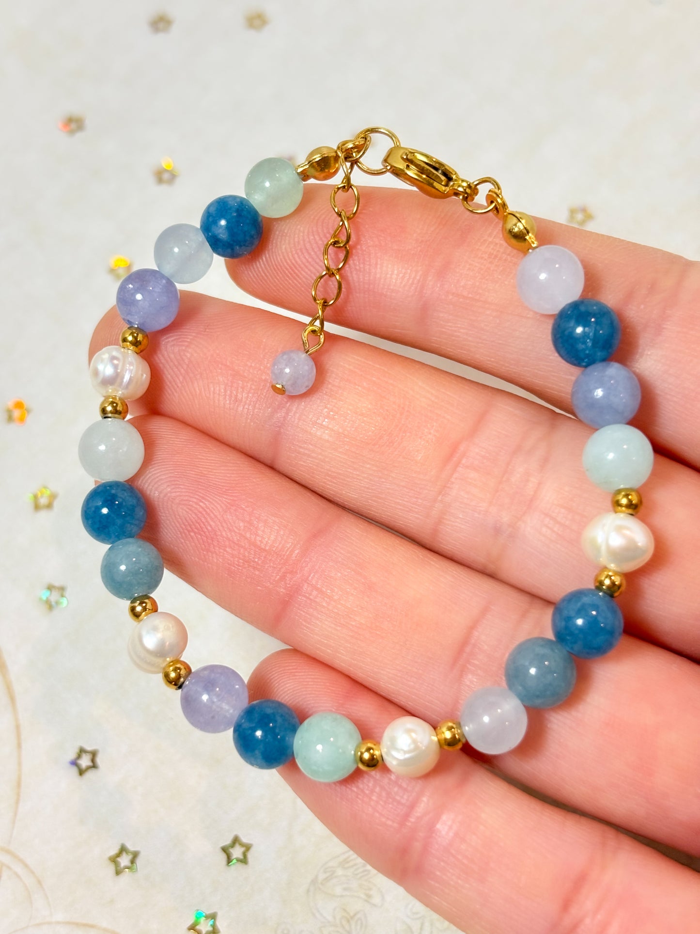 Round Stone Beads and Pearl Bracelet