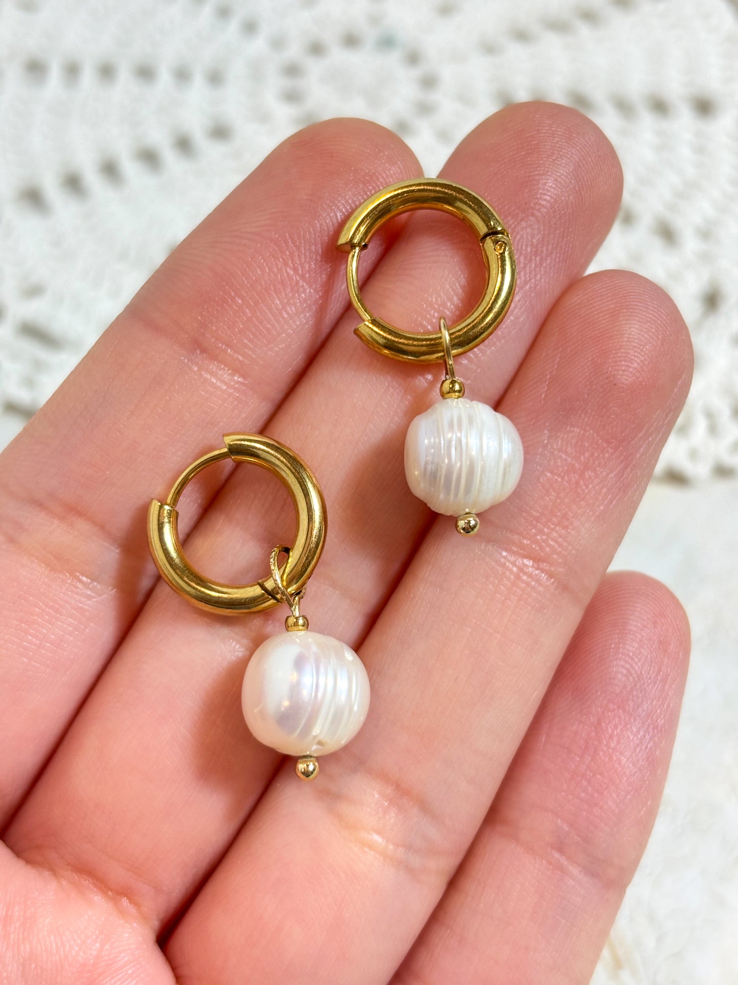 Bold freshwater pearl & stainless steel hoop earrings