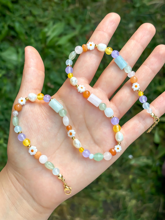 Rainbow Daisy - Stone and Pearl Necklace