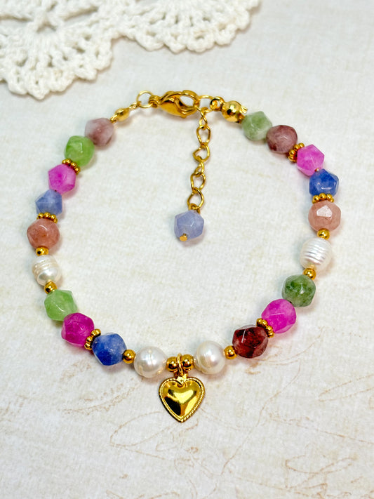 Multicolor Faceted Gemstone and Pearl Bracelet