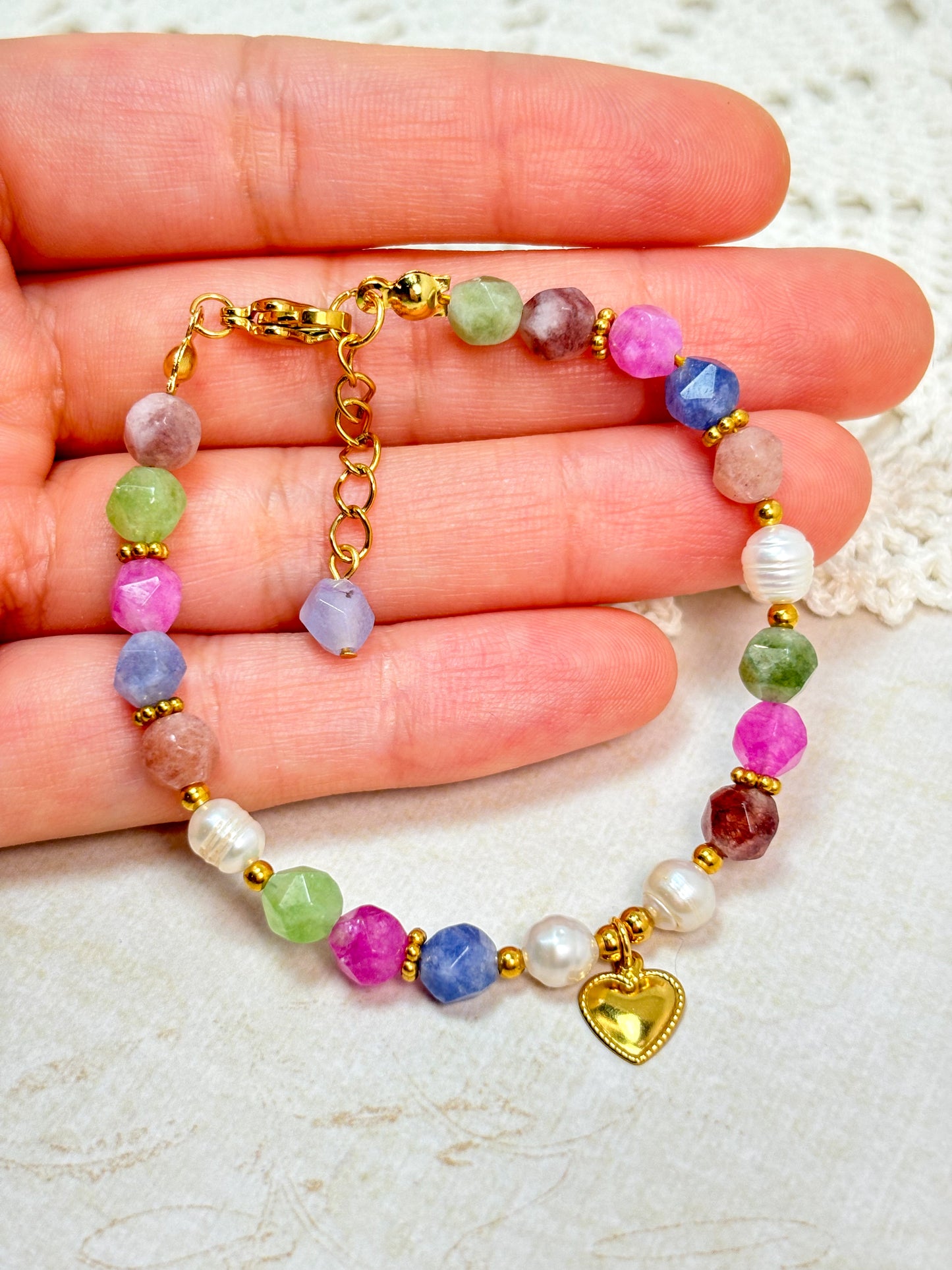 Multicolor Faceted Gemstone and Pearl Bracelet