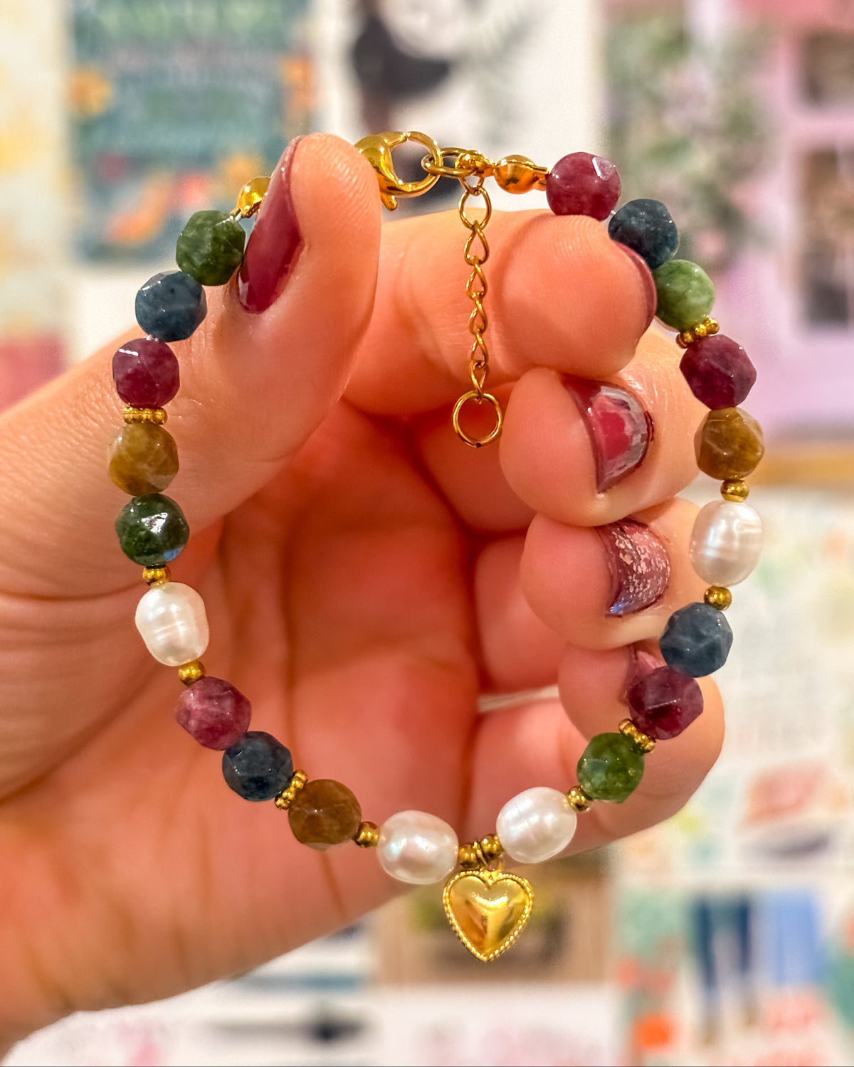 Jewel Tones Faceted Stone and Pearl Bracelet