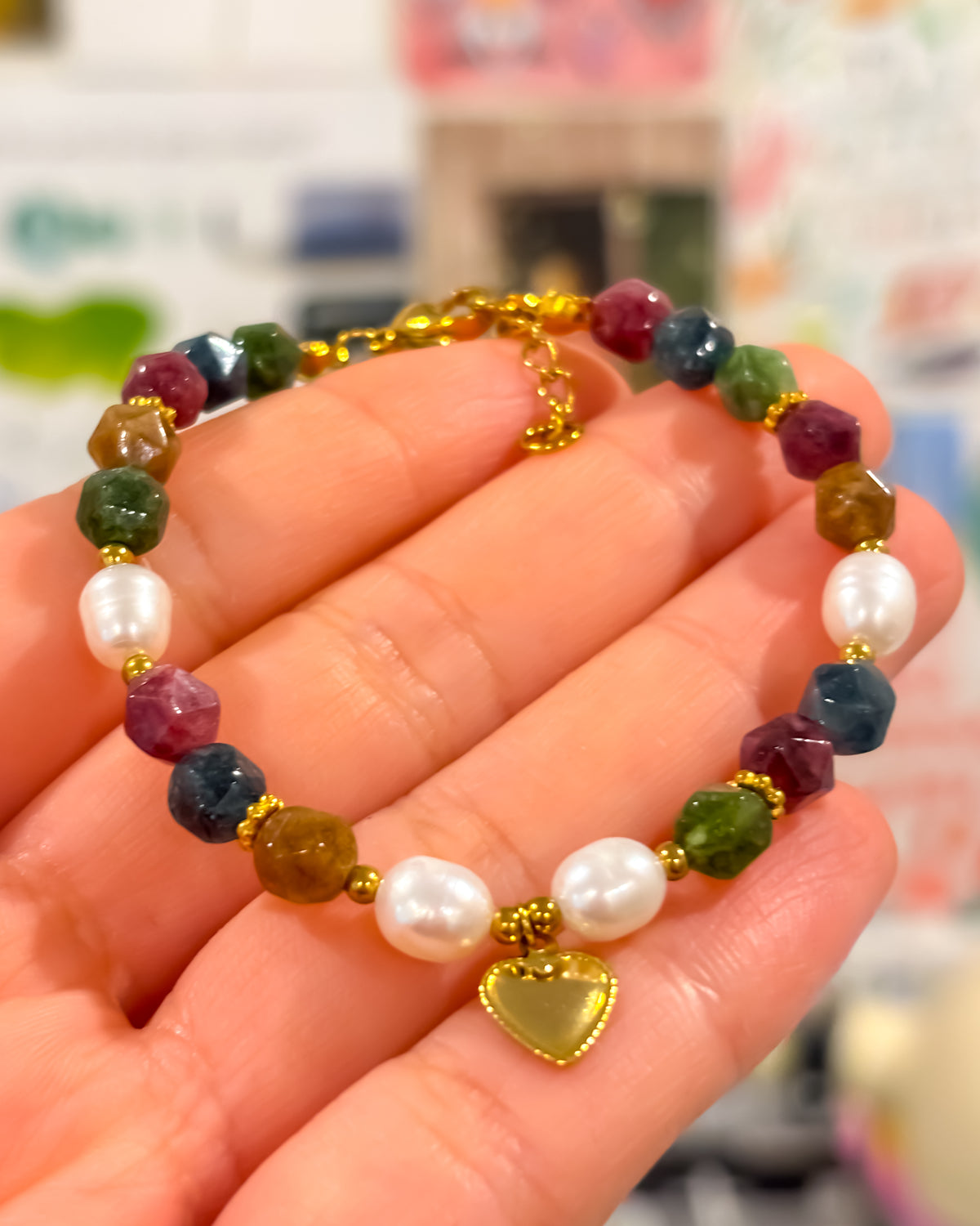 Jewel Tones Faceted Stone and Pearl Bracelet
