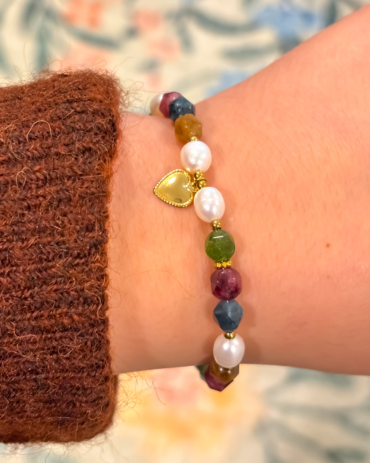 Jewel Tones Faceted Stone and Pearl Bracelet